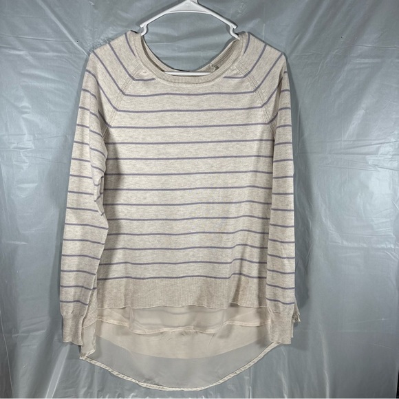 Maurices Sweaters - Maurices Sweater Womens M Gray Purple Striped Faux Layered Chiffon Hem Pullover